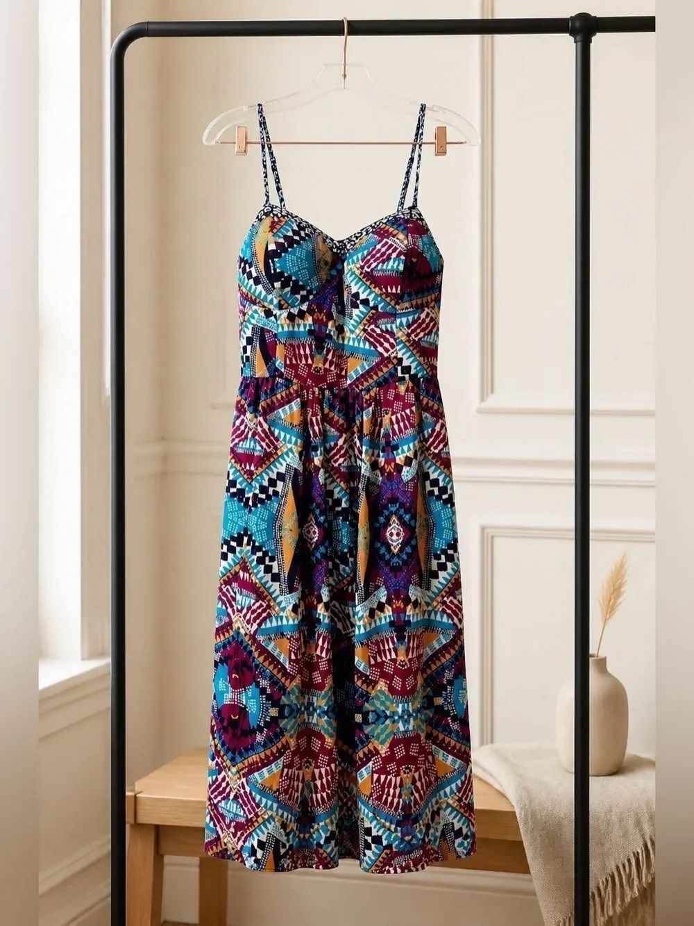 BOHEMIAN PRINT CREPE SPAGHETTI STRAP SUNDRESS by XHILARATION SIZE MEDIUM